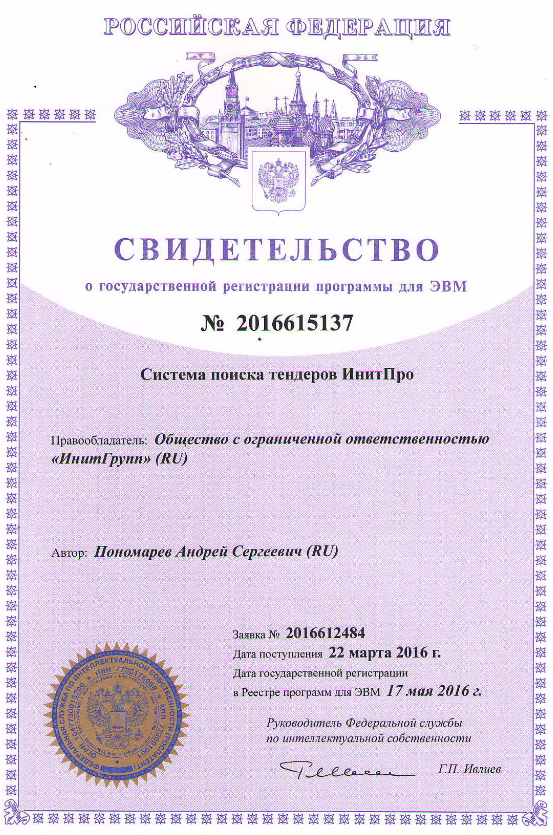 Свидетельство о
						государственной
						регистрации web-системы Инитпро|тендеры